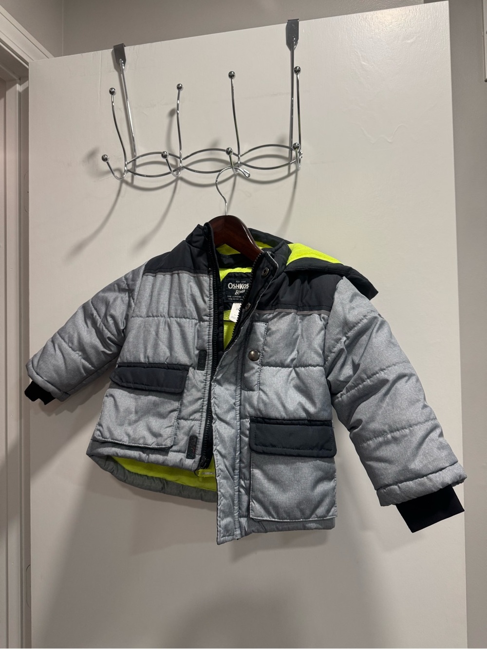 OshKosh B'gosh Boys Winter Puffer Jacket Gray Black Neon Yellow 2T